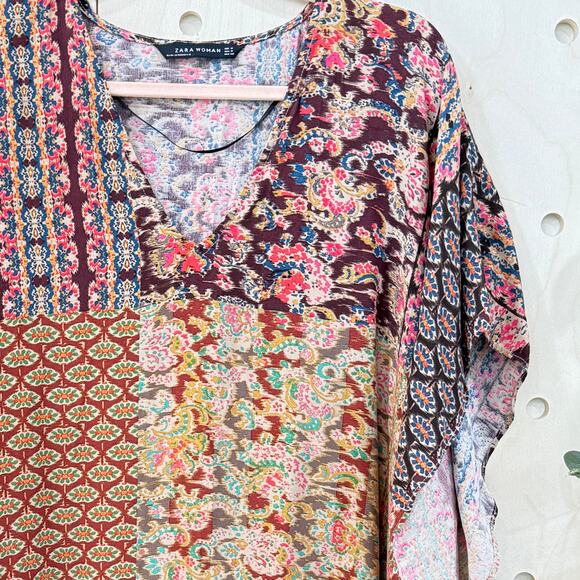 ZARA Boho Caftan Top Size Medium Patchwork Print Tunic Poncho Top - Picture 2 of 10